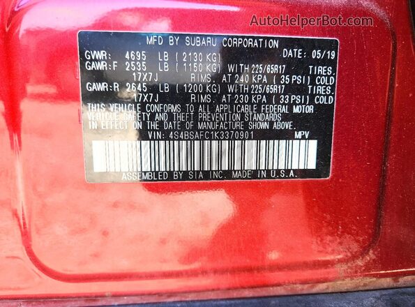 4S4BSAFC1K3370901 2019 SUBARU OUTBACK Burgundy VIN კოდის სტიკერის ხედი