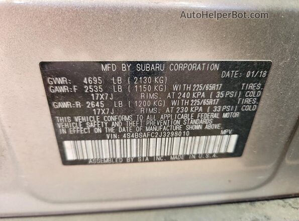 4S4BSAFC2J3298010 2018 SUBARU OUTBACK Brown VIN კოდის სტიკერის ხედი