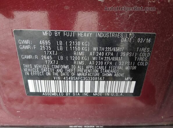 4S4BSAFC3G3308567 2016 SUBARU OUTBACK Красный Вид подкапотного пространства