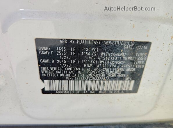 4S4BSAFC3H3322972 2017 SUBARU OUTBACK White Widok wnętrza 360 stopni