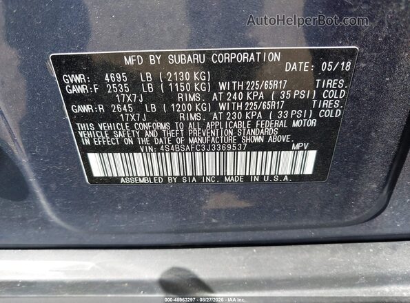 4S4BSAFC3J3369537 2018 SUBARU OUTBACK Blue ძრავის განყოფილების ხედი