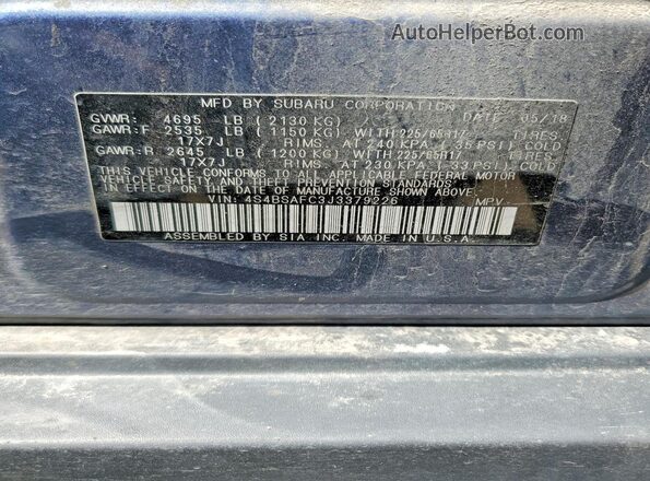 4S4BSAFC3J3379226 2018 SUBARU OUTBACK Синий Вид наклейки с VIN-кодом