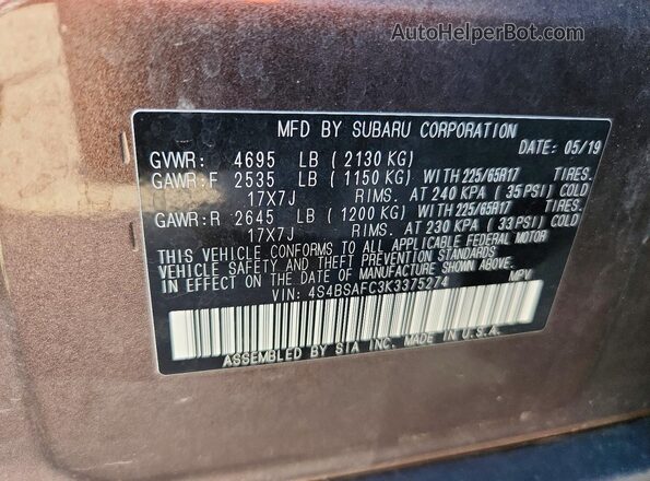 4S4BSAFC3K3375274 2019 SUBARU OUTBACK Gray Widok wnętrza 360 stopni