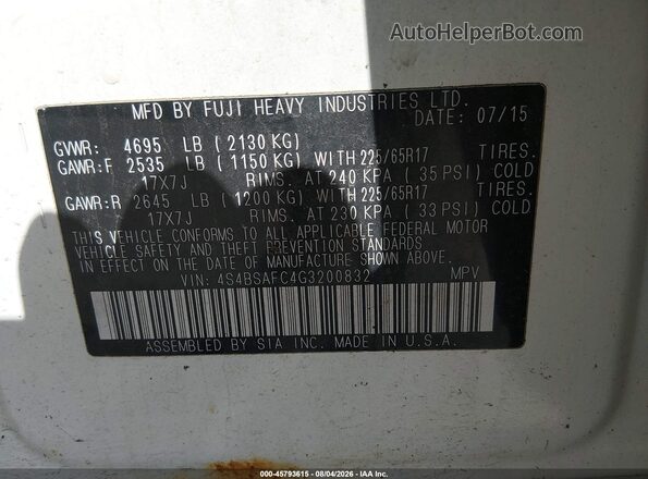 4S4BSAFC4G3200832 2016 SUBARU OUTBACK White Вид підкапотного простору