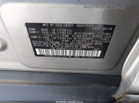 4S4BSAFC4G3294825 2016 SUBARU OUTBACK Gray ძრავის განყოფილების ხედი