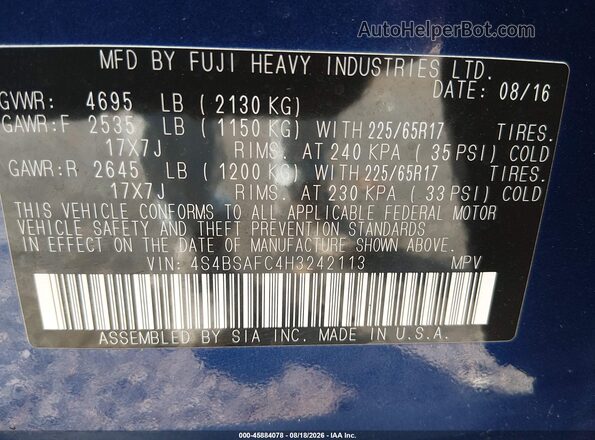 4S4BSAFC4H3242113 2017 SUBARU OUTBACK Blue Engine compartment view