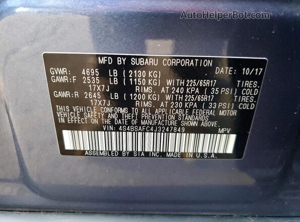 4S4BSAFC4J3247849 2018 SUBARU OUTBACK Blue VIN კოდის სტიკერის ხედი
