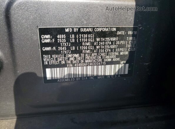 4S4BSAFC4K3234715 2019 SUBARU OUTBACK Gray ძრავის განყოფილების ხედი