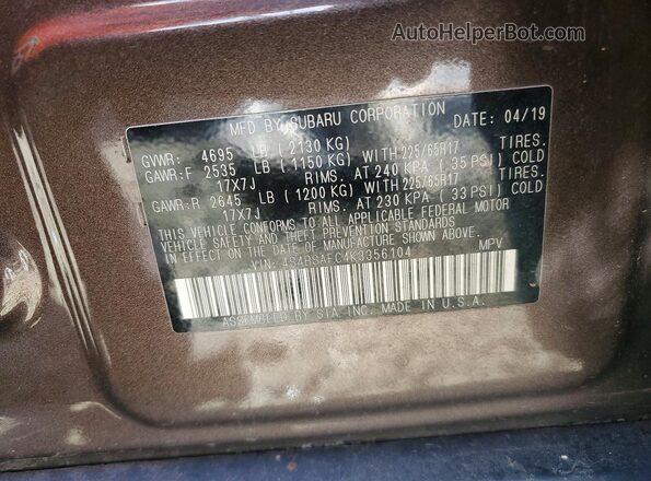 4S4BSAFC4K3356104 2019 SUBARU OUTBACK Brown VIN sticker view