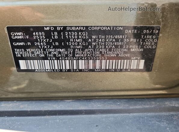 4S4BSAFC4K3359553 2019 SUBARU OUTBACK Green Widok naklejki z numerem VIN