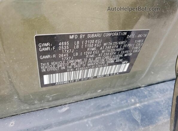 4S4BSAFC4K3380743 2019 SUBARU OUTBACK Green Вид підкапотного простору
