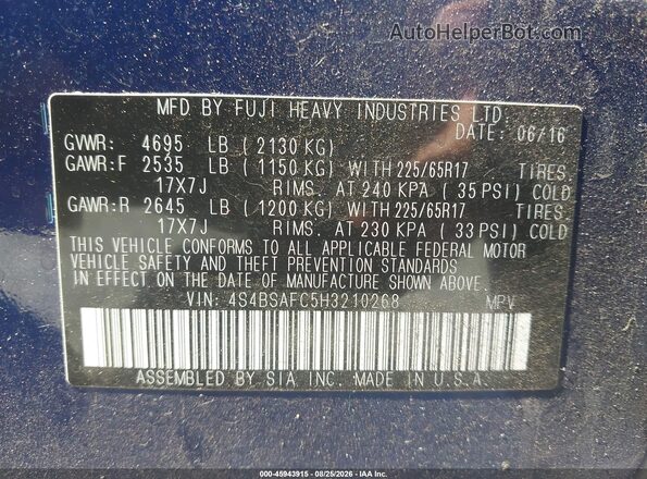 4S4BSAFC5H3210268 2017 SUBARU OUTBACK Blue ძრავის განყოფილების ხედი