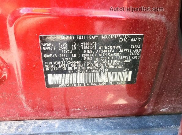 4S4BSAFC5H3362146 2017 SUBARU OUTBACK Красный Вид наклейки с VIN-кодом
