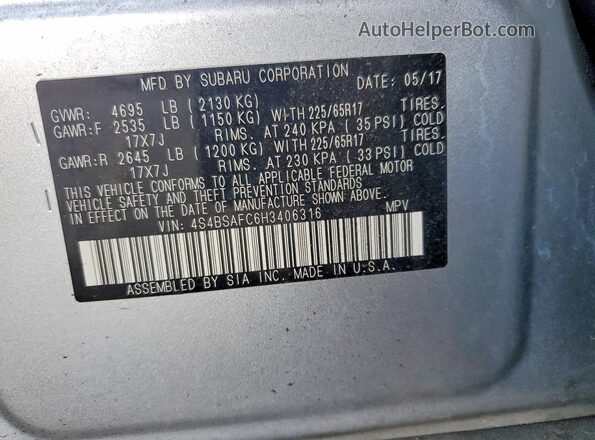 4S4BSAFC6H3406316 2017 SUBARU OUTBACK Серебряный Вид подкапотного пространства