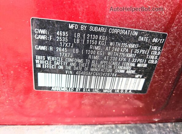 4S4BSAFC6H3428784 2017 SUBARU OUTBACK Maroon VIN sticker view