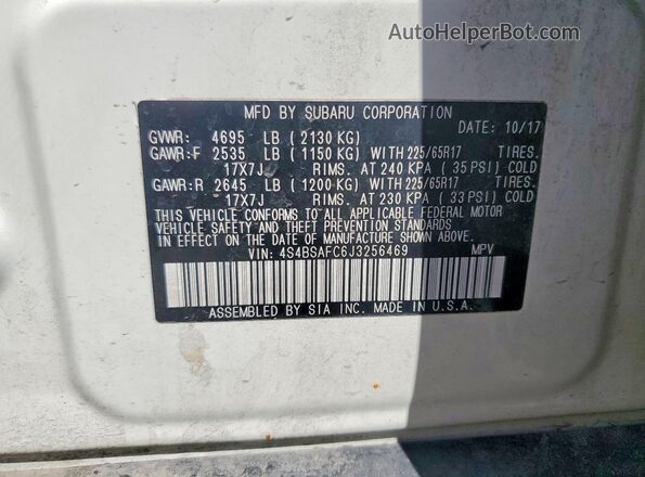 4S4BSAFC6J3256469 2018 SUBARU OUTBACK White Vista de la etiqueta del VIN