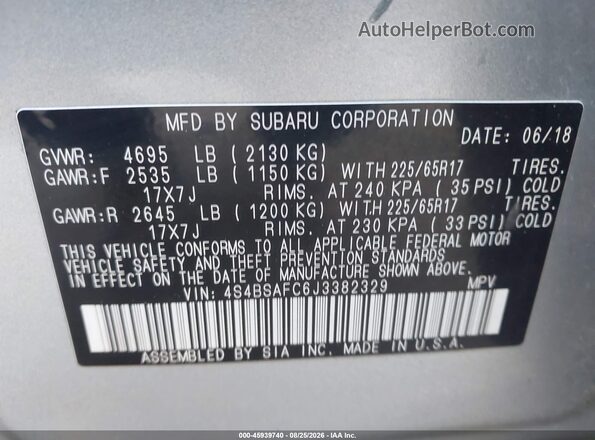 4S4BSAFC6J3382329 2018 SUBARU OUTBACK Silver Շարժիչի բաժամունքի տեսք