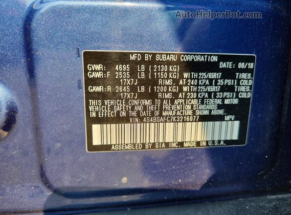 4S4BSAFC7K3216077 2019 SUBARU OUTBACK Синий Вид наклейки с VIN-кодом
