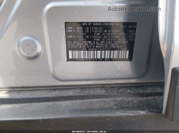 4S4BSAFC7K3233431 2019 SUBARU OUTBACK Silver Vista del compartimento del motor
