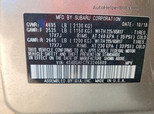 4S4BSAFC7K3246809 2019 SUBARU OUTBACK Tan VIN կոդի պիտակի տեսք