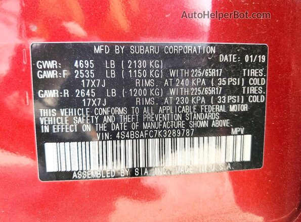 4S4BSAFC7K3289787 2019 SUBARU OUTBACK Red Vista de la etiqueta del VIN