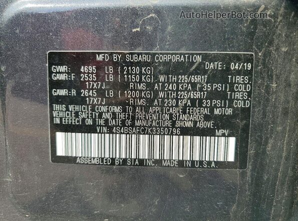 4S4BSAFC7K3350796 2019 SUBARU OUTBACK Gray VIN sticker view