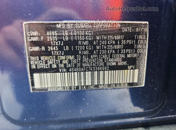 4S4BSAFC7K3396662 2019 SUBARU OUTBACK Blue Vista de la etiqueta del VIN