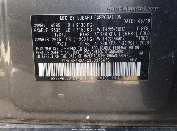 4S4BSAFC8J3376676 2018 SUBARU OUTBACK Gray Engine compartment view