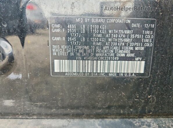 4S4BSAFC8K3281049 2019 SUBARU OUTBACK Black VIN sticker view