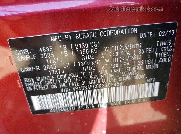 4S4BSAFC8K3308458 2019 SUBARU OUTBACK Red Widok komory silnika
