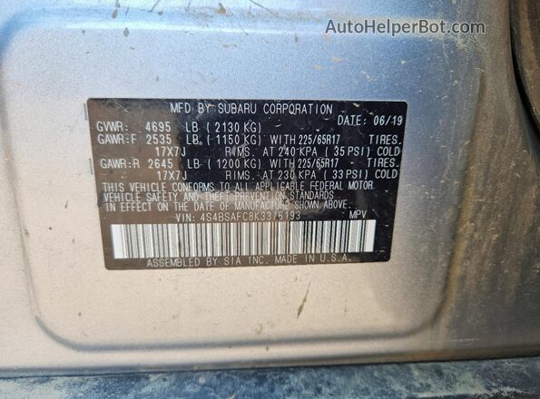 4S4BSAFC8K3376193 2019 SUBARU OUTBACK Silver Vista de la etiqueta del VIN