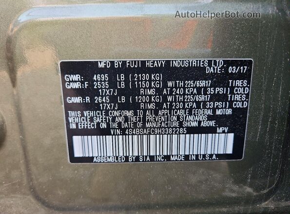 4S4BSAFC9H3382285 2017 SUBARU OUTBACK Green VIN sticker view