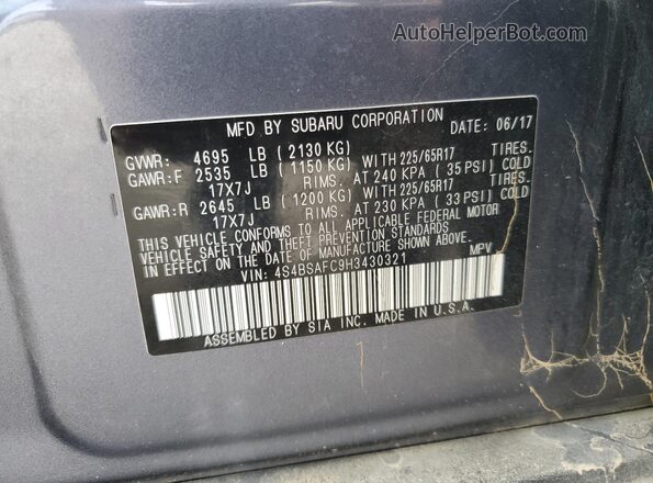 4S4BSAFC9H3430321 2017 SUBARU OUTBACK Blue Widok naklejki z numerem VIN