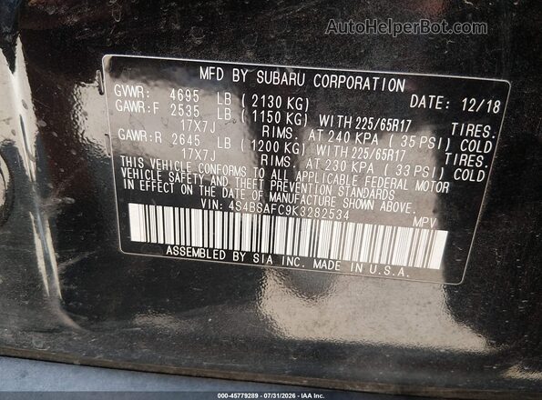 4S4BSAFC9K3282534 2019 SUBARU OUTBACK Black Engine compartment view