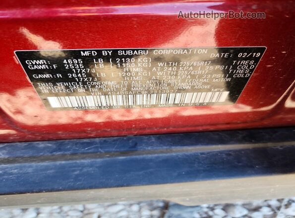 4S4BSAFC9K3313927 2019 SUBARU OUTBACK Red VIN կոդի պիտակի տեսք