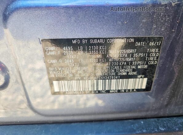 4S4BSAFCXH3429341 2017 SUBARU OUTBACK Blue VIN կոդի պիտակի տեսք
