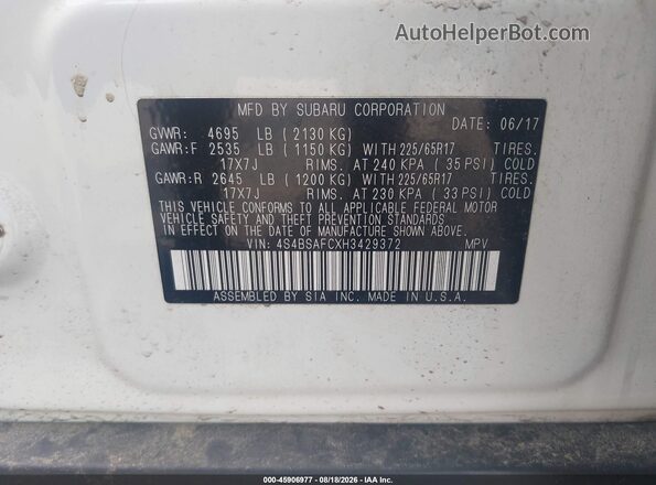 4S4BSAFCXH3429372 2017 SUBARU OUTBACK White Vista del compartimento del motor