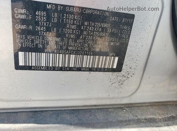 4S4BSAFCXJ3201104 2018 SUBARU OUTBACK Silver Вид підкапотного простору