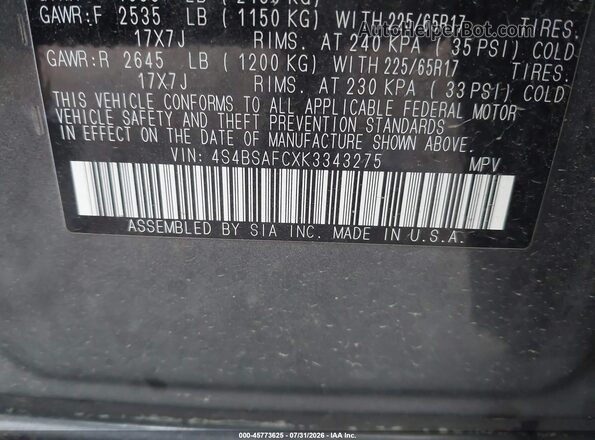 4S4BSAFCXK3343275 2019 SUBARU OUTBACK Синий Вид подкапотного пространства