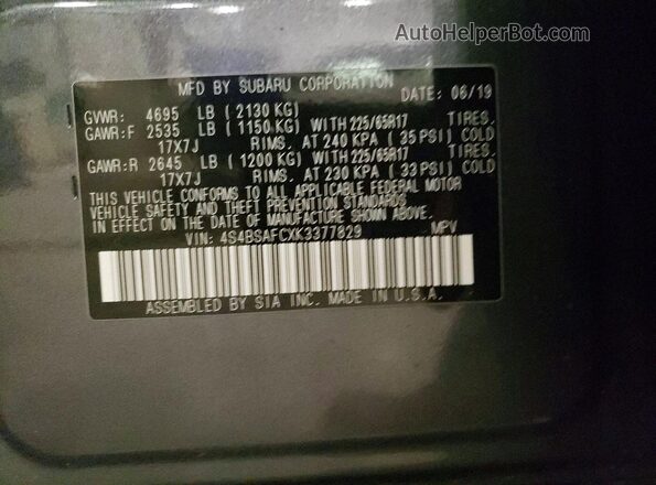 4S4BSAFCXK3377829 2019 SUBARU OUTBACK Gray VIN sticker view