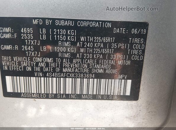 4S4BSAFCXK3383694 2019 SUBARU OUTBACK Silver Engine compartment view