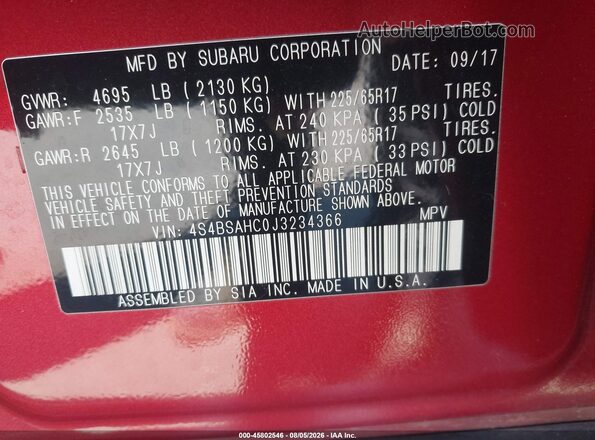 4S4BSAHC0J3234366 2018 SUBARU OUTBACK Red Vista del compartimento del motor