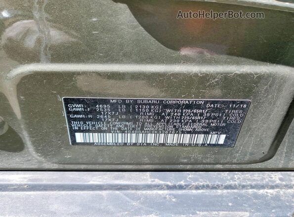 4S4BSAHC0K3267675 2019 SUBARU OUTBACK Зеленый Вид наклейки с VIN-кодом