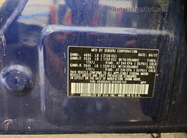 4S4BSAHC1H3395142 2017 SUBARU OUTBACK Blue VIN sticker view