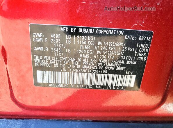 4S4BSAHC1K3207405 2019 SUBARU OUTBACK Red 