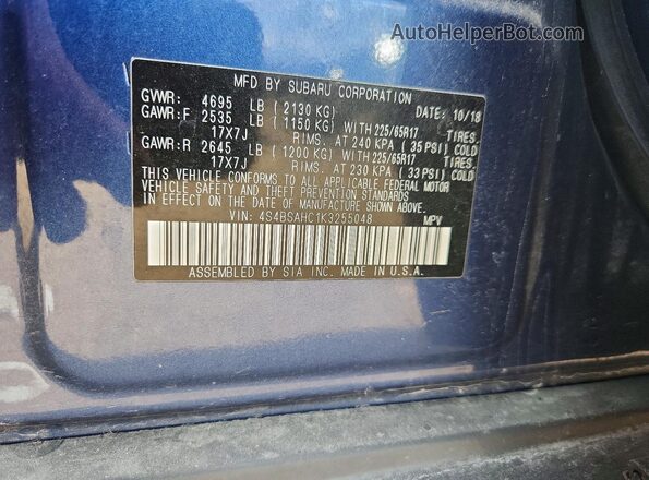 4S4BSAHC1K3255048 2019 SUBARU OUTBACK Blue Widok komory silnika