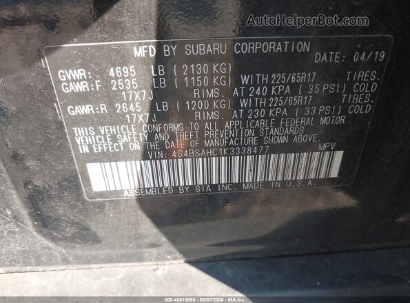 4S4BSAHC1K3338477 2019 SUBARU OUTBACK Black ძრავის განყოფილების ხედი