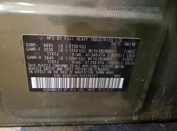 4S4BSAHC3H3206331 2017 SUBARU OUTBACK Зеленый Вид наклейки с VIN-кодом