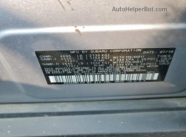 4S4BSAHC3K3395473 2019 SUBARU OUTBACK Серебряный Вид наклейки с VIN-кодом