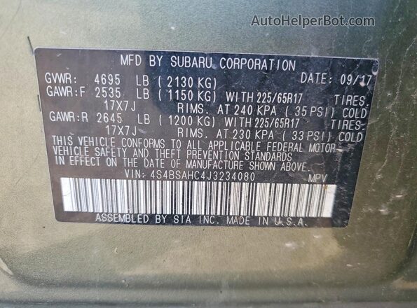 4S4BSAHC4J3234080 2018 SUBARU OUTBACK Green Панорамний вид салону 360°